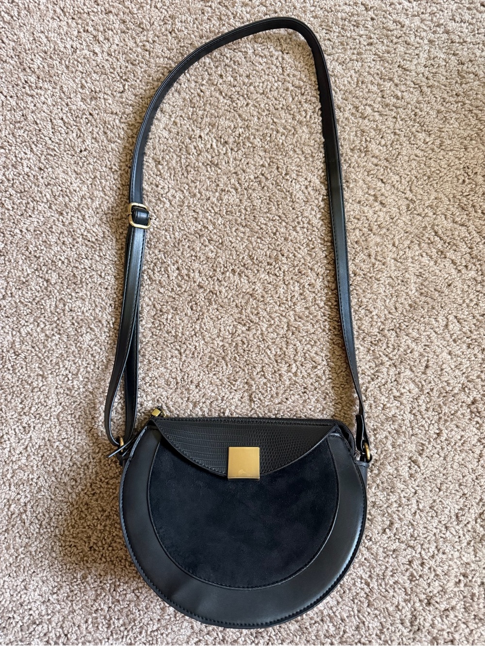 Black Crescent Crossbody Bag with Gold Accent